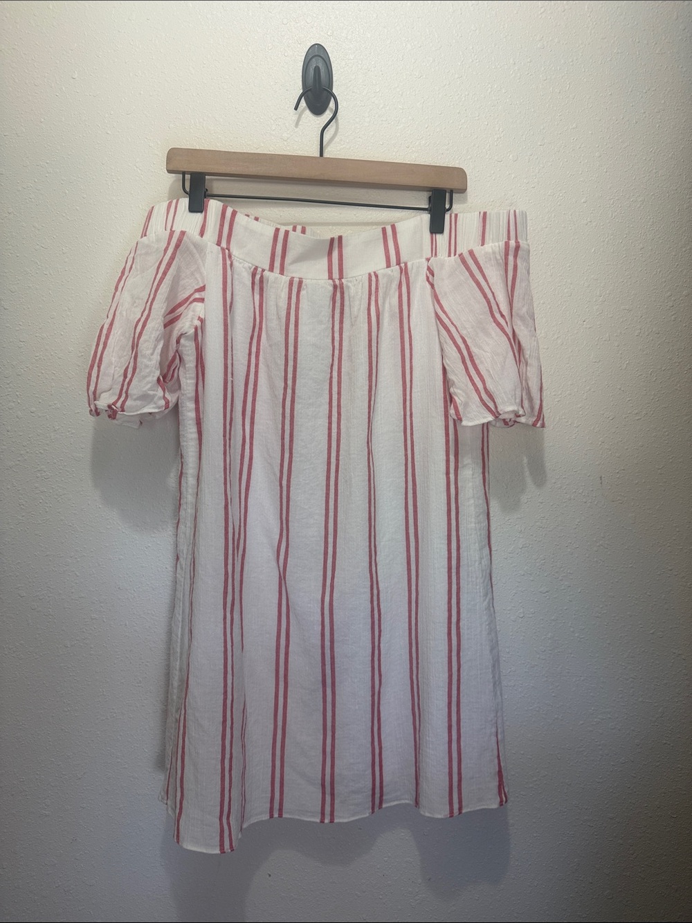 Off-Shoulder White with Red Stripes Dress, Size M